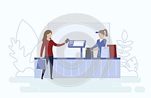 Concept Of Coronavirus, Precautionary Measures Of Virus Infection. Cashier Serve A Customer In Supermarket Sitting