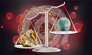 Concept of Coronavirus and a scale with money and planet earth on the other side 3d-illustration