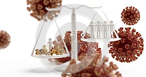 Concept of Coronavirus and a scale with one person and money and many people on the other side 3d-illustration