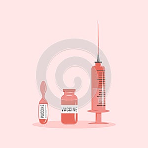 Concept of Coronavirus Vaccine vector illustration isolated on background. Red and pink Vaccine jab bottle, ampoule and