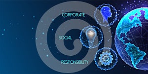 Concept of Corporate social responsibility CSR in futuristic glowing low polygonal style on blue