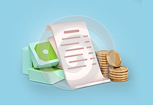 The concept of cost control fiscal check with money bills and gold coins 3d render on blue background