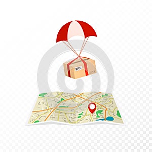 Concept courier service. Logistic and delivery packages. Package flies to the destination on the map. Flat vector illustration iso