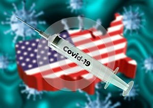 Concept Covid-19 immunization vaccine in the United States of America, USA, disease caused by the sars-cov-2 coronavirus. Syringe