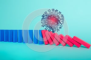 Concept of covid19 coronavirus pandemic with falling chain like a domino game. Contagion and infection progression. Cyan photo