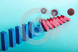 Concept of coronavirus pandemic with falling chain like a domino game. Contagion and infection progression photo