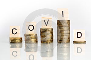 Concept of Covid pandemy causing economy problems made of stacked coins