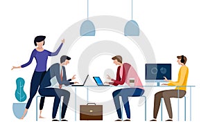 Concept of the coworking center. Business meeting. Flat design style vector illustration. Freelancers working in