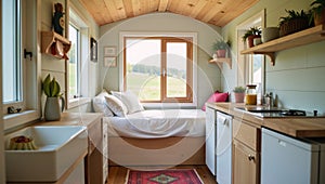 Cozy compact tiny house floor plan including essential amenities and sleeping area featuring a large windows to let natural light photo