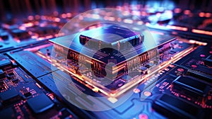Concept CPU. Close-up of modern computer micro chip in neon light. Generative AI