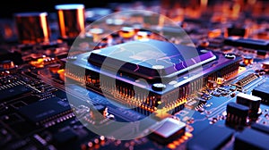 Concept CPU. Close-up of modern computer micro chip in neon light. Generative AI