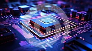Concept CPU. Close-up of modern computer micro chip in neon light. Generative AI
