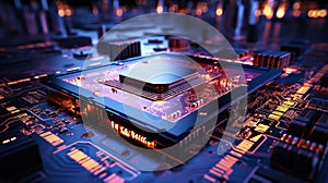 Concept CPU. Close-up of modern computer micro chip in neon light. Generative AI