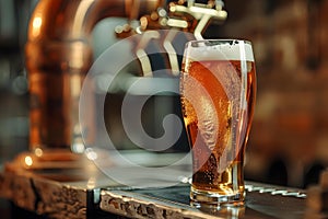 Concept Craft Beer, Pint Dispensing Beer from Tap into Pint Glass with Rustic Brewing Equipment