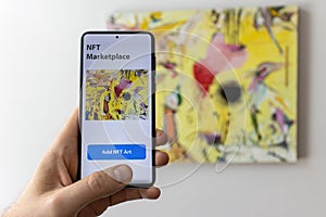 Concept of creation of a crypto art object. Create of a Non Fungible Token for sale on the NFT marketplace