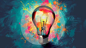 Concept of creative idea. Illustration of glowing light bulb on abstract colorful background