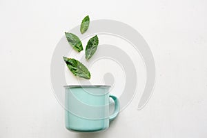 A concept or creative idea that signifies a useful drink or herbal or green tea. From the mug fly leaves