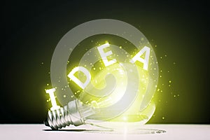 The concept of creativity and idea generation. Light bulb glowing with text.