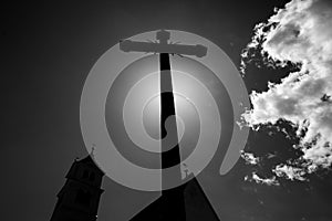 Concept cross religion symbol silhouette over sky. Christian religion background concept. The cross symbol for Jesus Christ.