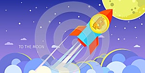 Concept of Crypto-currency. Rocket flying to the moon with bitcoin icon.