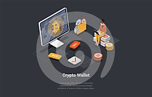 Concept Of Crypto Wallet. Woman Buy Cryptocurrency And Hold It On Custodial And Non-Custodial Wallets. Character Use