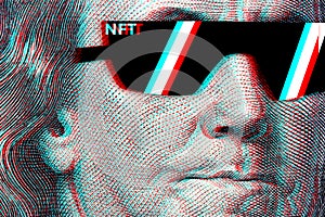 Concept cryptographic nft on a hundred-dollar bill franklin in glasses