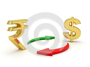 Concept of currency converting with Indian Rupee and Dollar in white background. 3d render photo