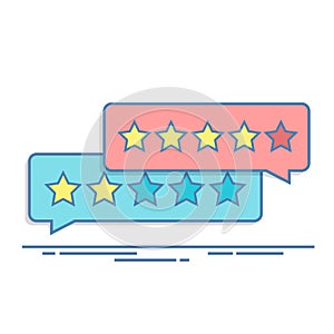 Concept of customer feedback. Rating in the form of stars. Negative or positive rating. Dialog box for the interface in