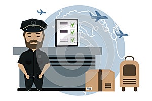 The concept of customs inspection, customs officer, declaration and luggage on the background of the planet and the plane.