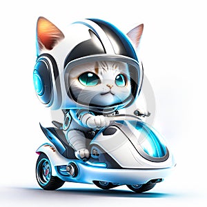 Concept cute cat chibi riding a futuristic fast speed scooter on white background