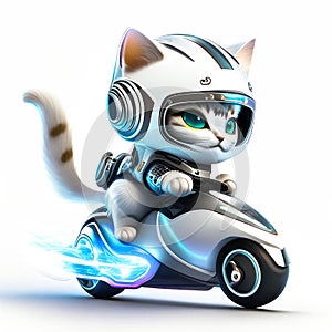 Concept cute cat chibi riding a futuristic fast speed scooter on white background