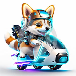 Concept cute dog chibi riding a futuristic fast speed scooter on white background