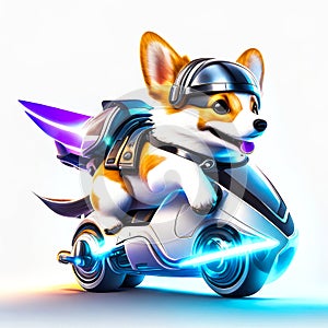 Concept cute dog chibi riding a futuristic fast speed scooter on white background