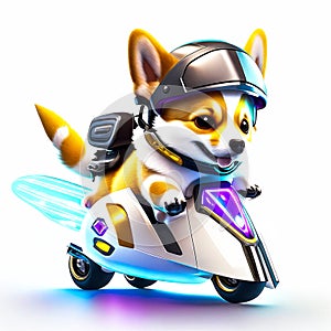 Concept cute dog chibi riding a futuristic fast speed scooter on white background