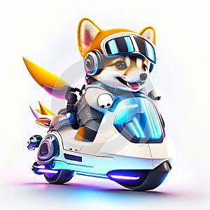 Concept cute dog chibi riding a futuristic fast speed scooter on white background