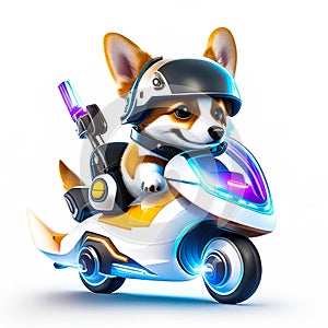 Concept cute dog chibi riding a futuristic fast speed scooter on white background