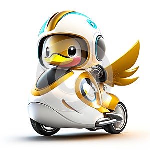 Concept cute duck chibi riding a futuristic fast speed scooter on white background