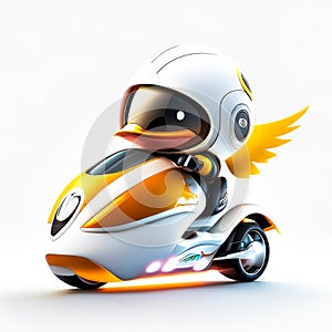 Concept cute duck chibi riding a futuristic fast speed scooter on white background