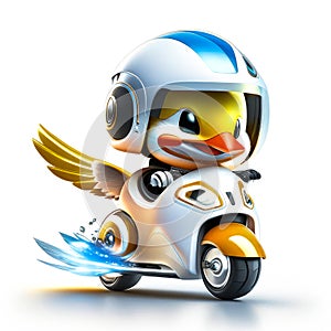 Concept cute duck chibi riding a futuristic fast speed scooter on white background