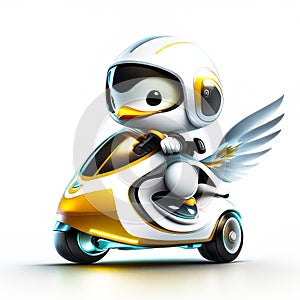 Concept cute duck chibi riding a futuristic fast speed scooter on white background