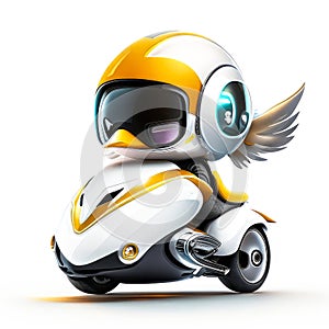 Concept cute duck chibi riding a futuristic fast speed scooter on white background