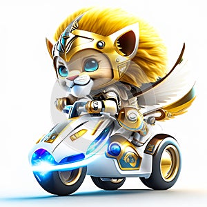 Concept cute lion chibi riding a futuristic fast speed scooter on white background