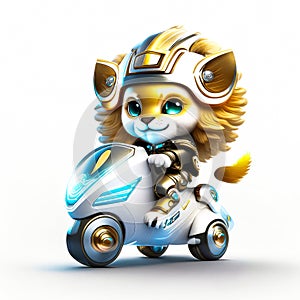 Concept cute lion chibi riding a futuristic fast speed scooter on white background