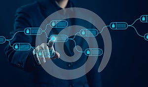concept cyber security financial, cryptocurrency digital. blockchain technology ledger data algorithm linked together in a chain.