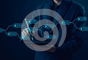 concept cyber security financial, cryptocurrency digital. blockchain technology ledger data algorithm linked together in a chain.