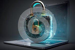 concept of cyber security, locked padlock on the laptop