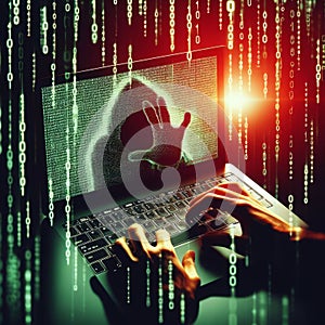 Concept of Cyber security threat and attack, hacker hand in computer monitor