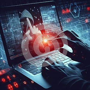 Concept of Cyber security threat and attack, hacker hand in computer monitor