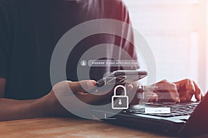 Concept of cyber security in two-step verification, multi-factor authentication, information security, encryption,