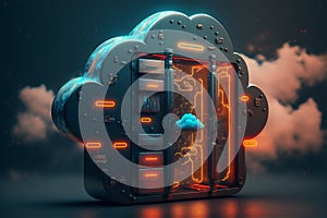 Concept of cyber server cloud data storage. Cloudscape digital online rack service for global network. Database backup